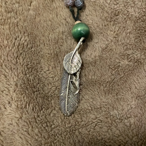 Handmade Long Bohemian Beaded Necklace w Silvertone Feather Centre Drop Charm - Picture 3 of 4